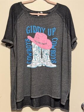 Cato Cowboy Giddy Up Gray Tee with Pink Cowboy Hat and Blue Boot Graphics